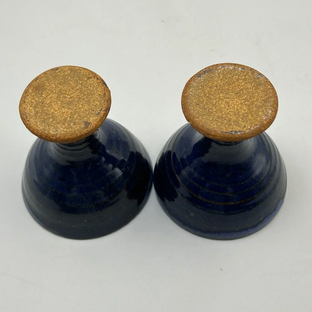 VTG Muncie Indiana Studio Art Pottery Cobalt Blue Hand Thrown Pedestal Cups Set